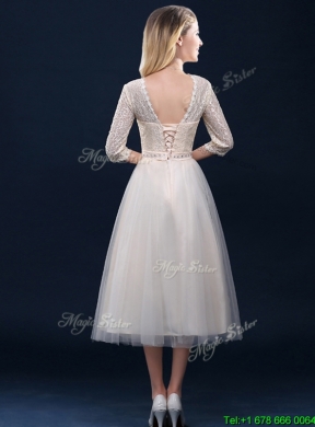 Hot Sale Laced and Applique Champagne Prom Dress in Tea Length