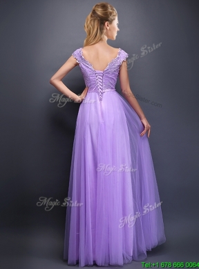 Lovely Beaded and Bowknot V Neck Prom Dress in Lavender