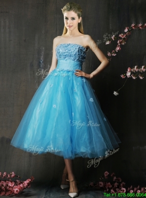 Lovely Strapless Applique Bust Baby Blue Mother Dress in Tea Length