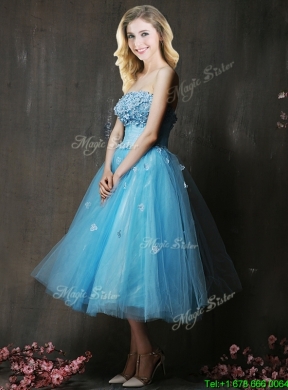 Lovely Strapless Applique Bust Baby Blue Mother Dress in Tea Length