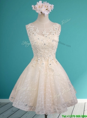 Luxurious See Through Scoop Short Prom Dress with Beading and Appliques