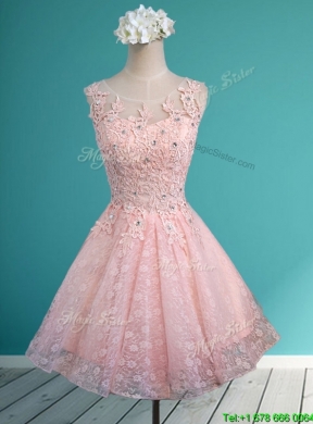 Luxurious See Through Scoop Short Prom Dress with Beading and Appliques