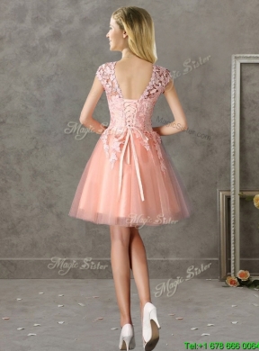 New Style Bateau Peach Short Mother Dress with Lace