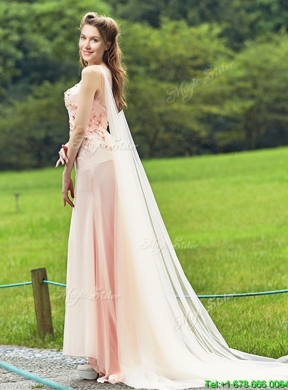 Unique Bateau Watteau Train Light Pink Prom Dress with Applique