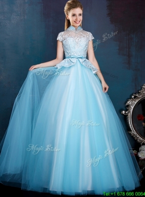 Elegant High Neck Cap Sleeves Mother Dress with Bowknot and Lace