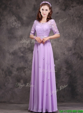 Exclusive Scoop Half Sleeves Lavender Mother Dress with Appliques and Lace