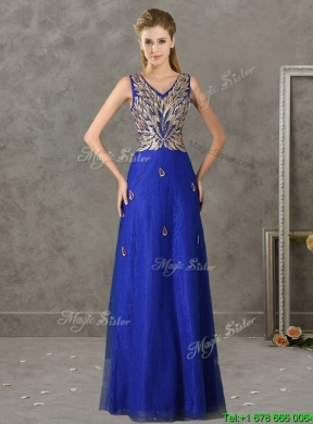 Gorgeous V Neck Appliques and Beading Mother Dress in Royal Blue