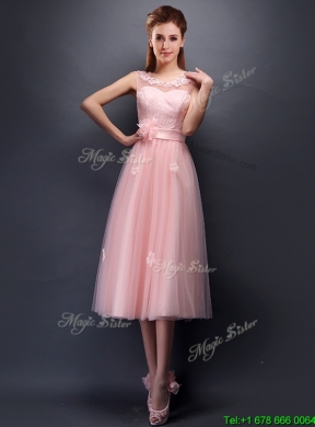 Lovely Hand Made Flowers and Applique Scoop Prom Dress in Baby Pink