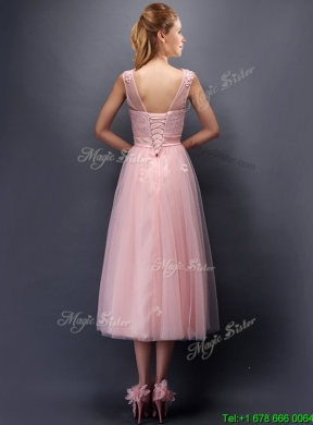 Lovely Hand Made Flowers and Applique Scoop Prom Dress in Baby Pink