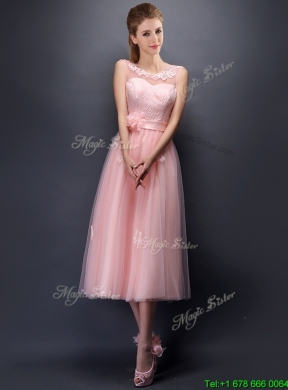 Lovely Hand Made Flowers and Applique Scoop Prom Dress in Baby Pink