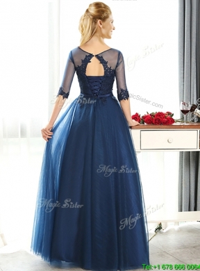 Luxurious See Through Scoop Half Sleeves Mother Dress with Lace and Belt