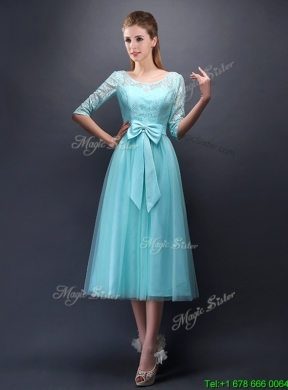 Romantic Aqua Blue Scoop Half Sleeves Mother Dress with Bowknot