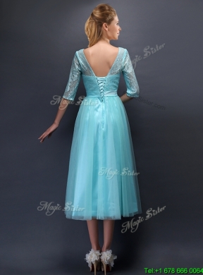 Romantic Aqua Blue Scoop Half Sleeves Mother Dress with Bowknot