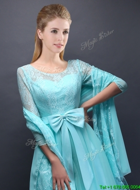 Romantic Aqua Blue Scoop Half Sleeves Mother Dress with Bowknot