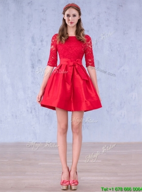 Romantic Bowknot and Laced Scoop Half Sleeves Mother Dress in Red