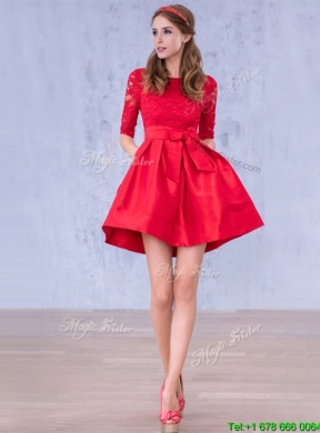 Romantic Bowknot and Laced Scoop Half Sleeves Mother Dress in Red