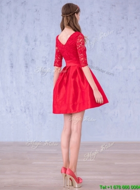 Romantic Bowknot and Laced Scoop Half Sleeves Mother Dress in Red