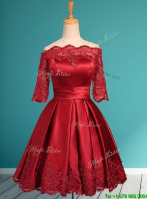 Romantic Off the Shoulder Half Sleeves Mother Dress with Lace and Belt