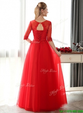 See Through Scoop Half Sleeves Red Prom Dress with Lace and Belt