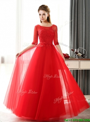 See Through Scoop Half Sleeves Red Prom Dress with Lace and Belt