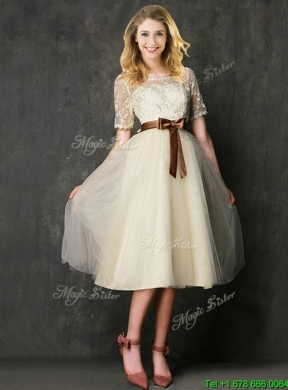 See Through Scoop Short Sleeves Mother Dress with Bowknot and Lace