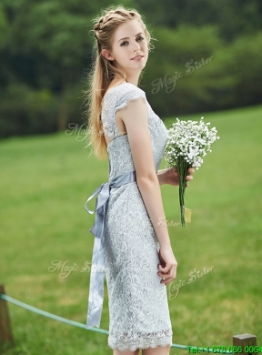 Wonderful Scoop Cap Sleeves Sashes Prom Dress in Grey