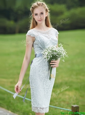 Wonderful Scoop Cap Sleeves Sashes Prom Dress in Grey