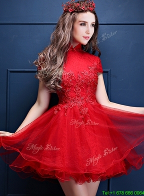 Luxurious High Neck Short Sleeves Prom Dress with Appliques and Beading