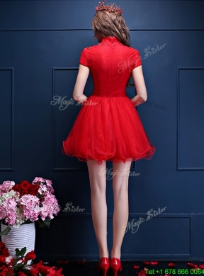 Luxurious High Neck Short Sleeves Prom Dress with Appliques and Beading