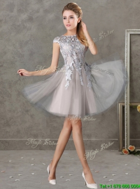 Most Popular Bateau Cap Sleeves Grey Prom Dress with Lace