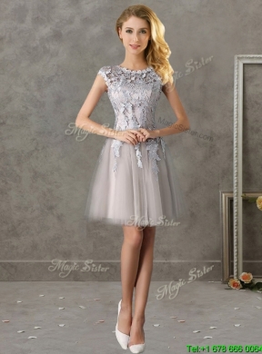 Most Popular Bateau Cap Sleeves Grey Prom Dress with Lace