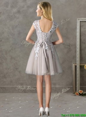 Most Popular Bateau Cap Sleeves Grey Prom Dress with Lace