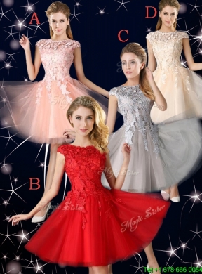 Most Popular Bateau Cap Sleeves Grey Prom Dress with Lace