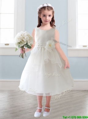 Lovely Scoop Hand Made Flowers and Ruffled Layers Little Girl Pageant Dress in Tea-length