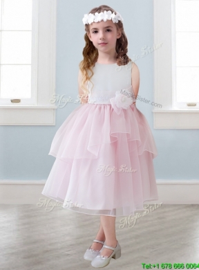 Lovely Scoop Hand Made Flowers and Ruffled Layers Little Girl Pageant Dress in Tea-length