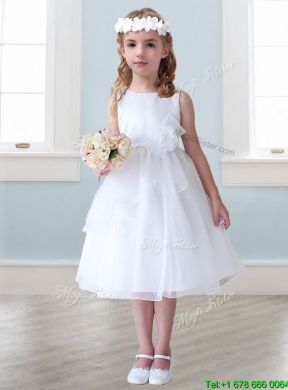 Lovely Scoop Hand Made Flowers and Ruffled Layers Little Girl Pageant Dress in Tea-length