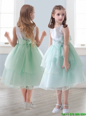 Lovely Scoop Hand Made Flowers and Ruffled Layers Little Girl Pageant Dress in Tea-length