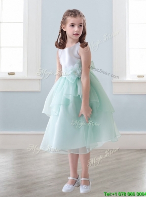 Lovely Scoop Hand Made Flowers and Ruffled Layers Little Girl Pageant Dress in Tea-length