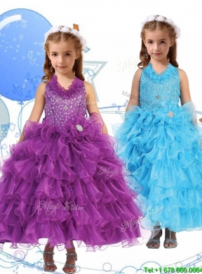 Affordable Halter Top Girls Party Dress with Beading and Ruffled Layers