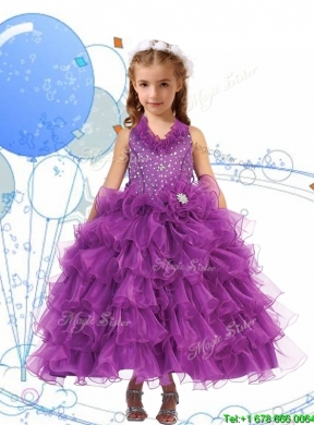 Affordable Halter Top Girls Party Dress with Beading and Ruffled Layers