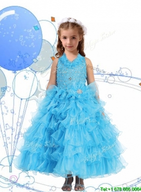 Affordable Halter Top Girls Party Dress with Beading and Ruffled Layers