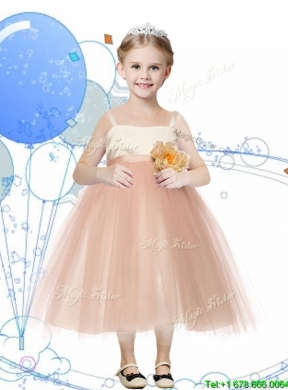 Affordable Spaghetti Straps Hand Made Flowers Little Girl Pageant Dress in Champagne