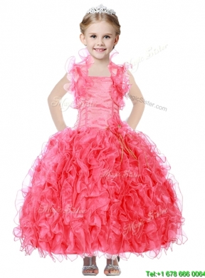 Beautiful Beaded and Ruffled Straps Little Girl Pageant Dress in Coral Red