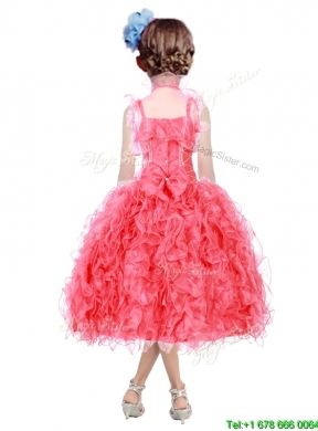 Beautiful Beaded and Ruffled Straps Little Girl Pageant Dress in Coral Red