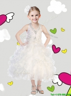 Best Beaded and Ruffled Halter Top Little Girl Pageant Dress in Tea Length