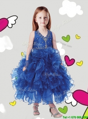 Best Beaded and Ruffled Halter Top Little Girl Pageant Dress in Tea Length