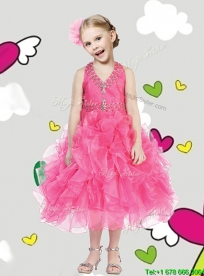 Best Beaded and Ruffled Halter Top Little Girl Pageant Dress in Tea Length