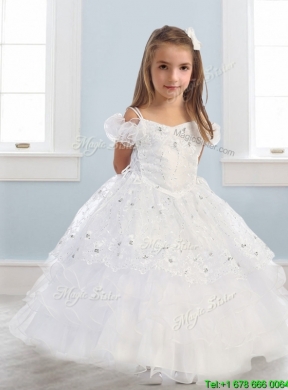 Exquisite Spaghetti Straps Cap Sleeves Little Girl Pageant Dress with Lace and Ruffled Layers