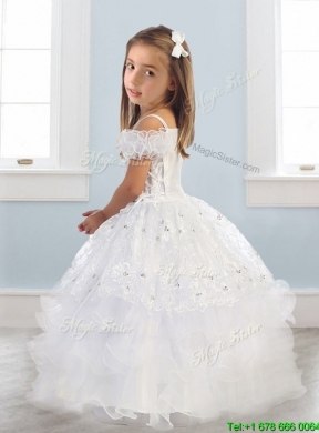 Exquisite Spaghetti Straps Cap Sleeves Little Girl Pageant Dress with Lace and Ruffled Layers