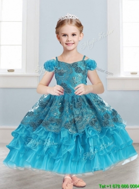 Exquisite Spaghetti Straps Cap Sleeves Little Girl Pageant Dress with Lace and Ruffled Layers